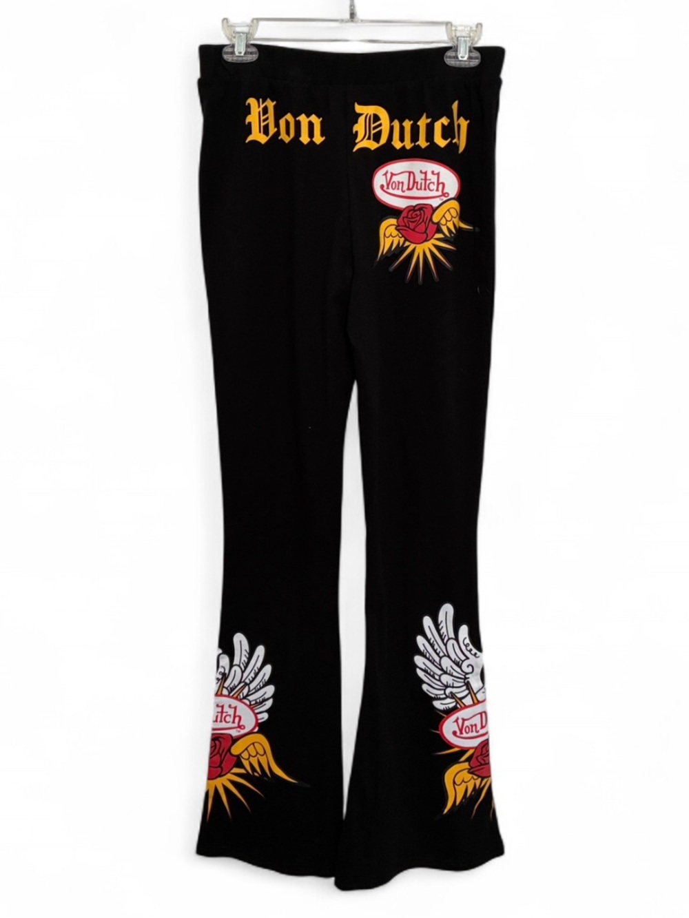 NWT Von Dutch Black Flare Leggings with Yellow and Red Rose Wing Graphics